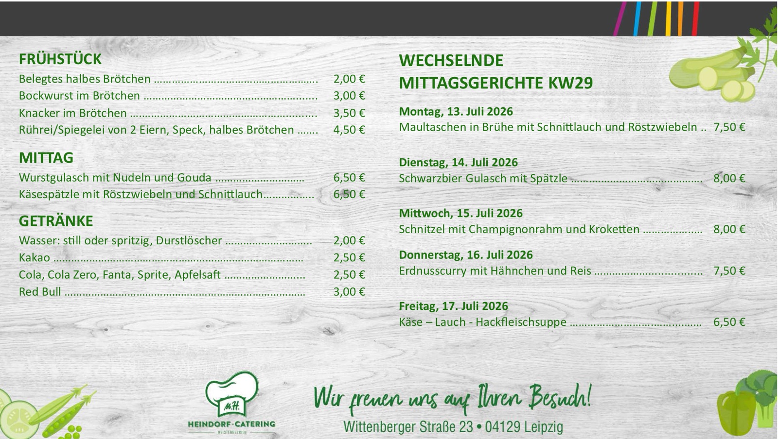 Aktuelle Speisekarte des Bistros bei Farben Schultze in Leipzig – Frühstück, Mittag, Getränke und wechselnde Mittagsgerichte